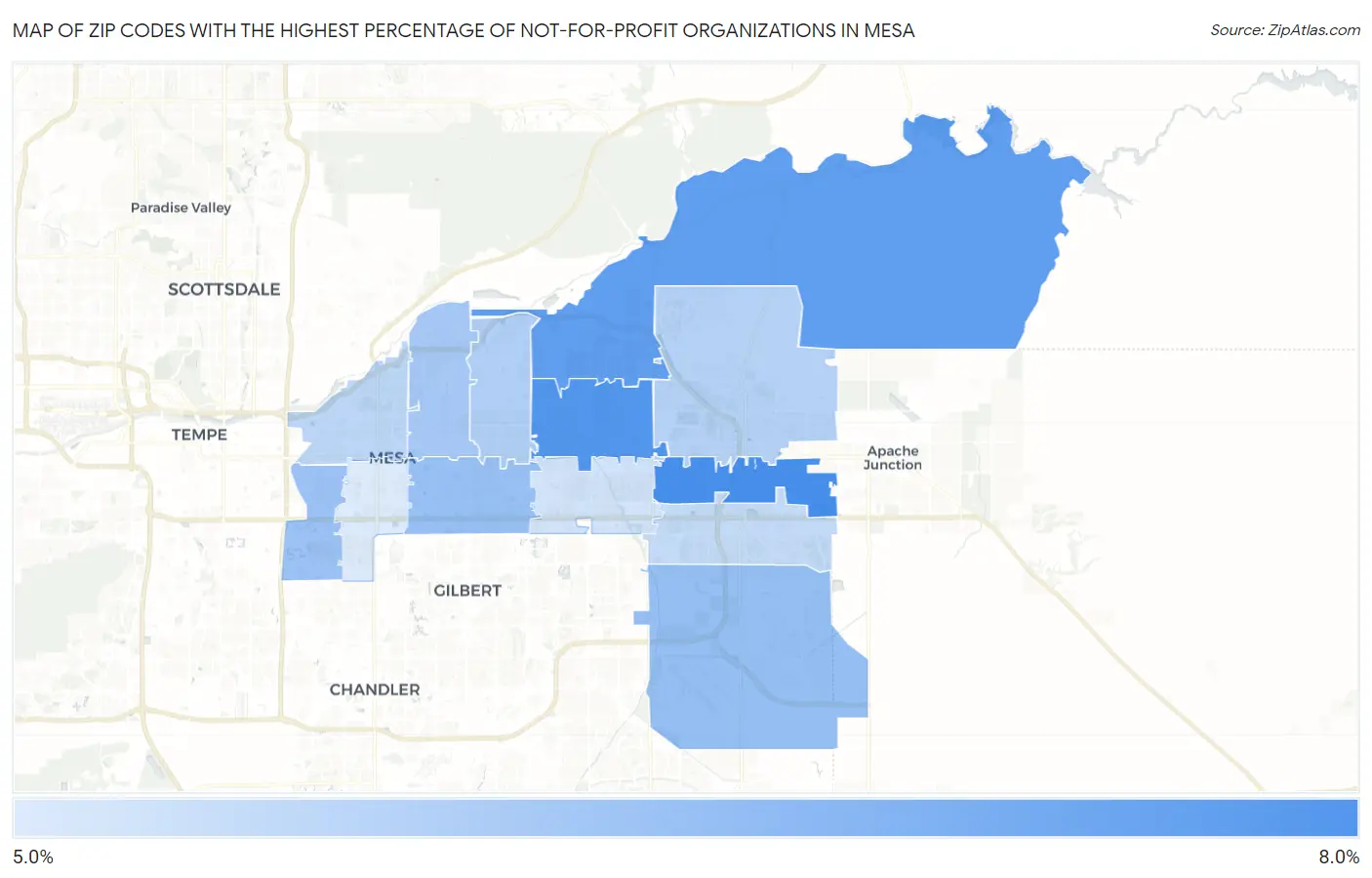 Zip Codes with the Highest Percentage of Not-for-profit Organizations in Mesa Map