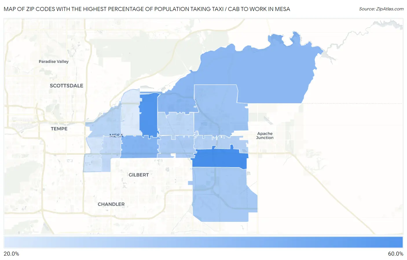 Zip Codes with the Highest Percentage of Population Taking Taxi / Cab to Work in Mesa Map