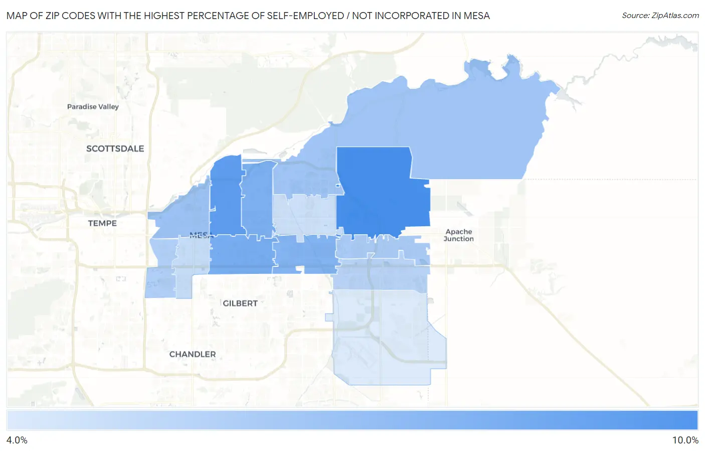 Zip Codes with the Highest Percentage of Self-Employed / Not Incorporated in Mesa Map