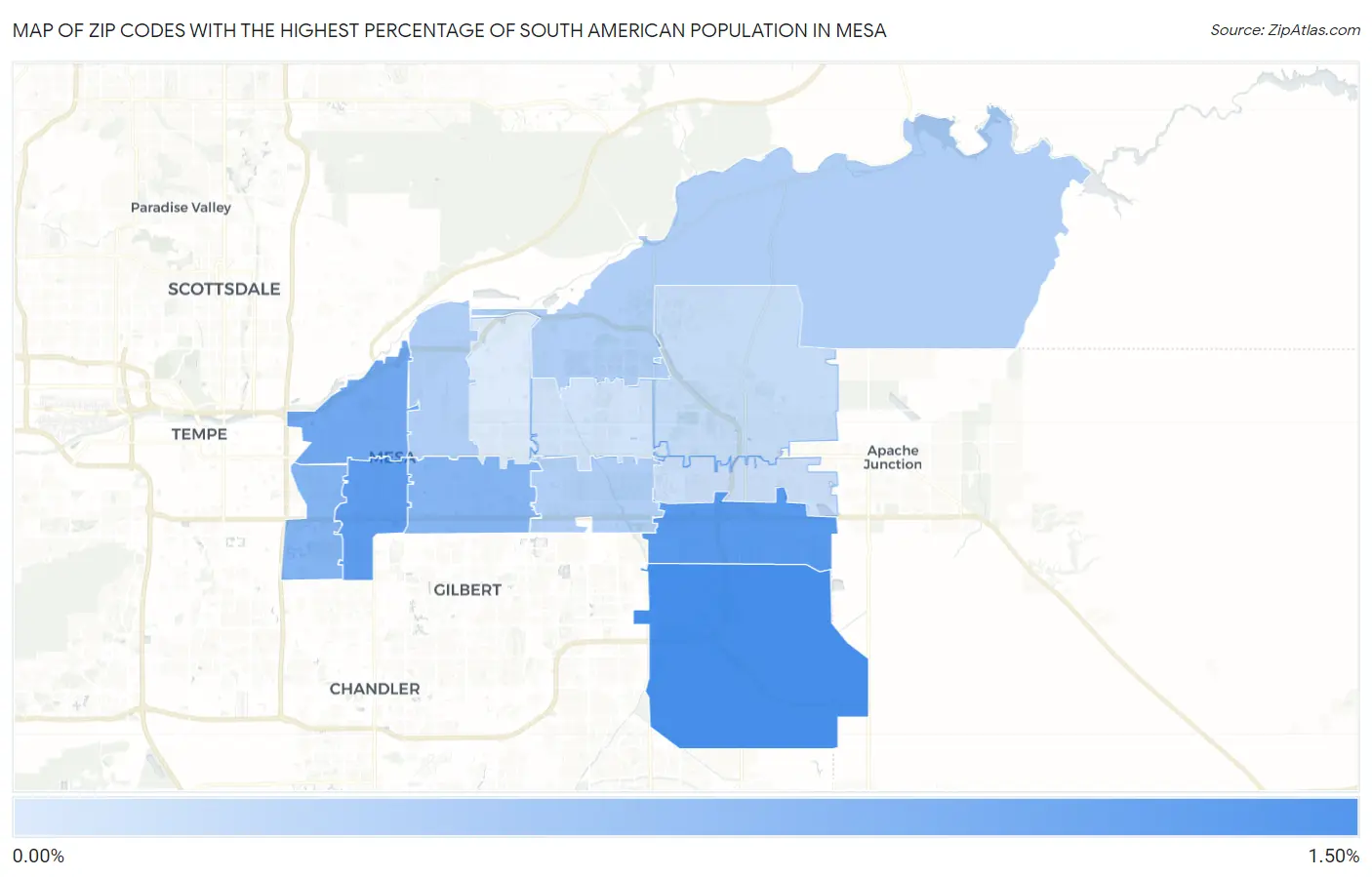 Zip Codes with the Highest Percentage of South American Population in Mesa Map