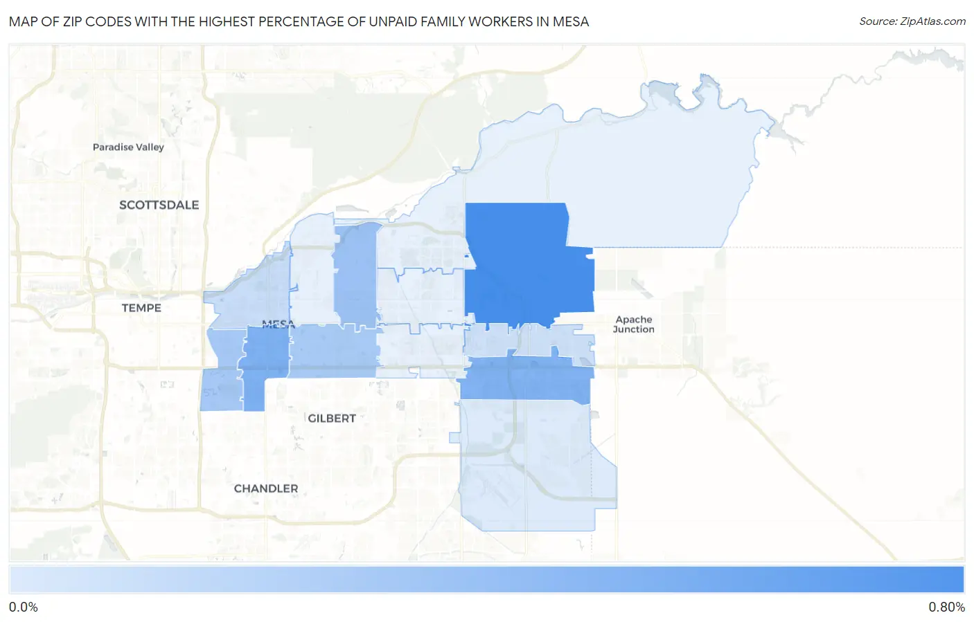 Zip Codes with the Highest Percentage of Unpaid Family Workers in Mesa Map