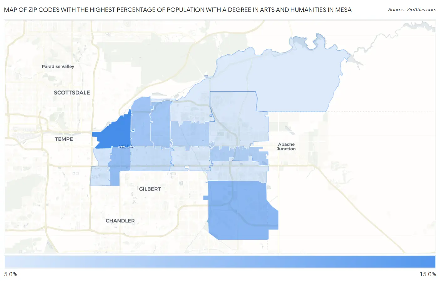 Zip Codes with the Highest Percentage of Population with a Degree in Arts and Humanities in Mesa Map