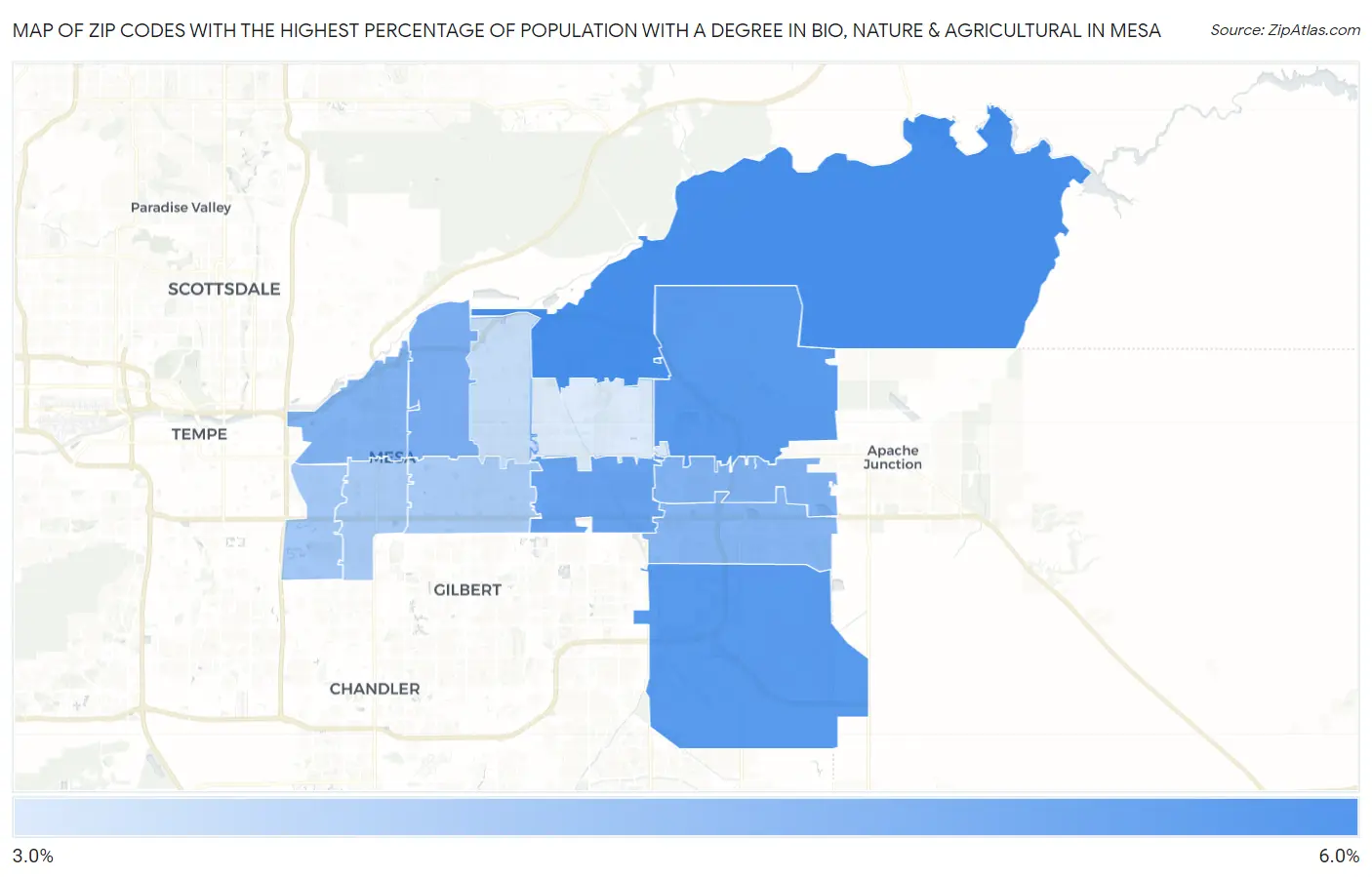Zip Codes with the Highest Percentage of Population with a Degree in Bio, Nature & Agricultural in Mesa Map