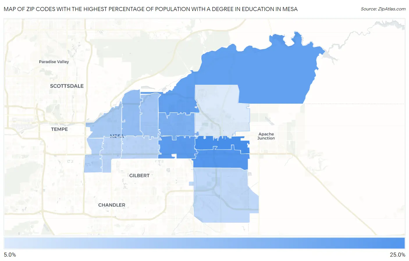 Zip Codes with the Highest Percentage of Population with a Degree in Education in Mesa Map