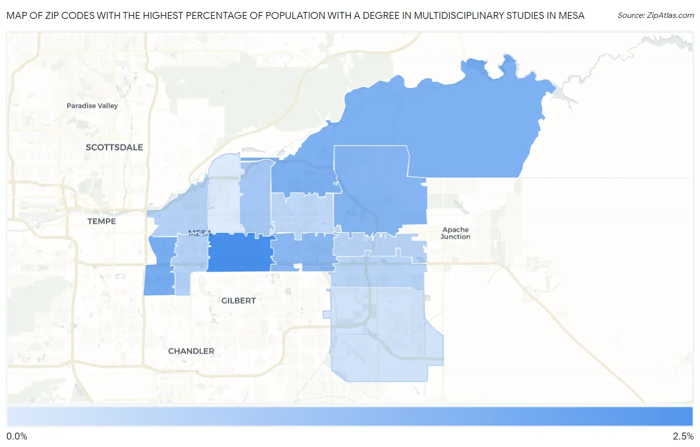 Zip Codes with the Highest Percentage of Population with a Degree in Multidisciplinary Studies in Mesa Map