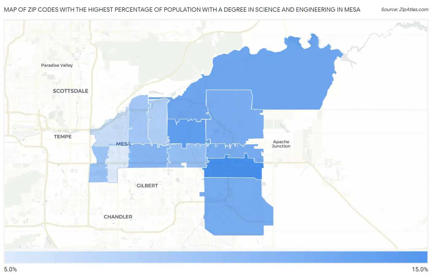 Zip Codes with the Highest Percentage of Population with a Degree in Science and Engineering in Mesa Map