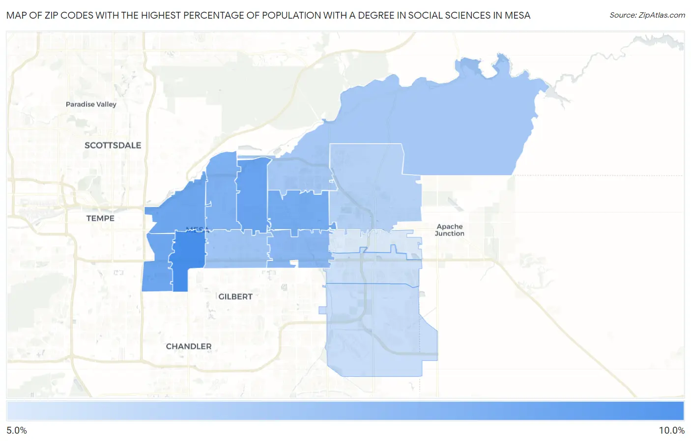 Zip Codes with the Highest Percentage of Population with a Degree in Social Sciences in Mesa Map