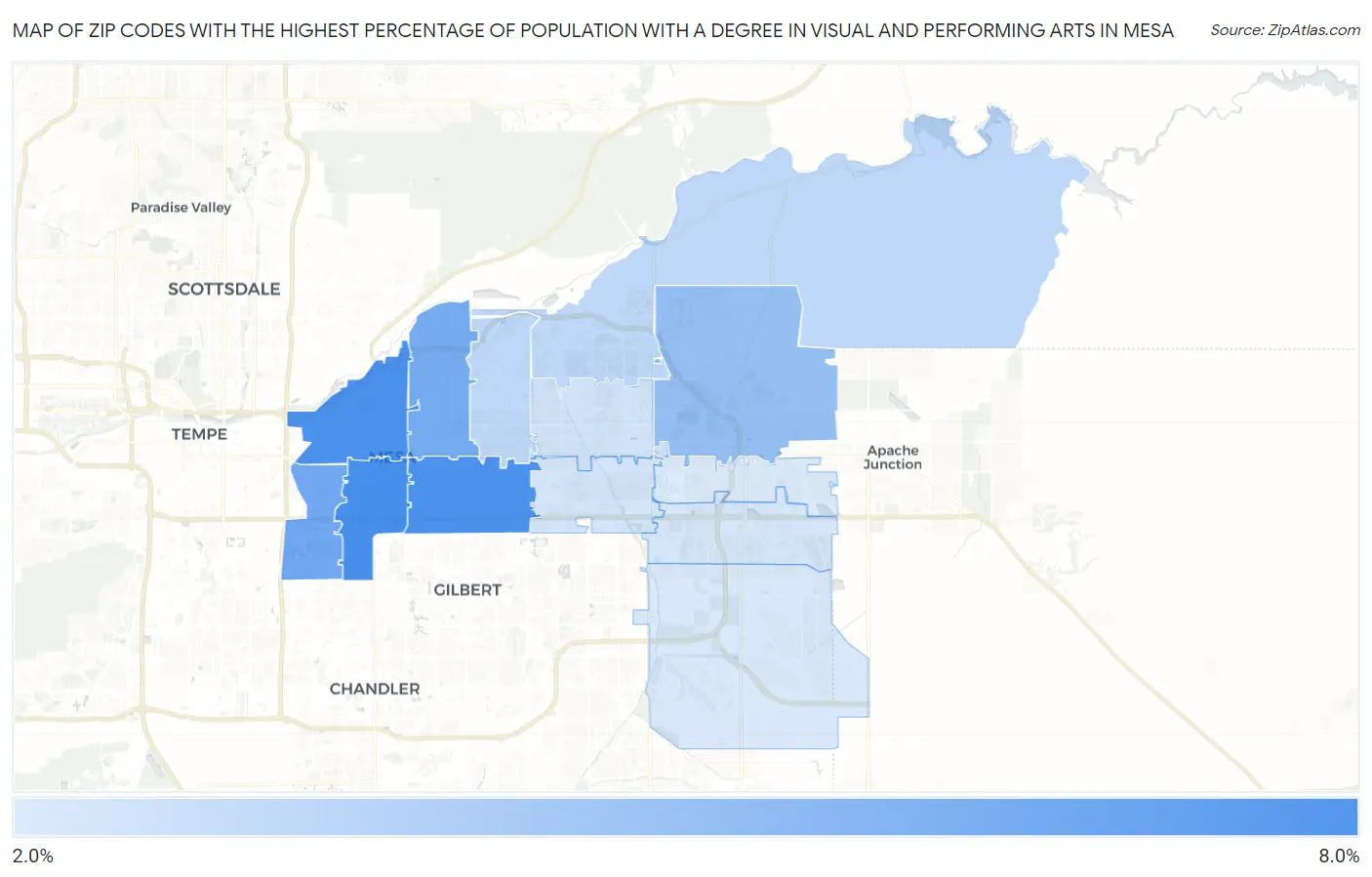Zip Codes with the Highest Percentage of Population with a Degree in Visual and Performing Arts in Mesa Map