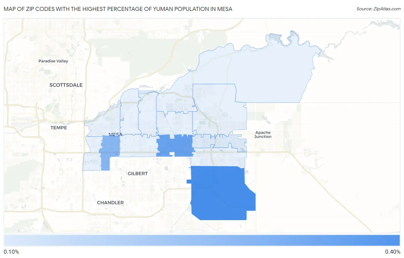 Zip Codes with the Highest Percentage of Yuman Population in Mesa Map