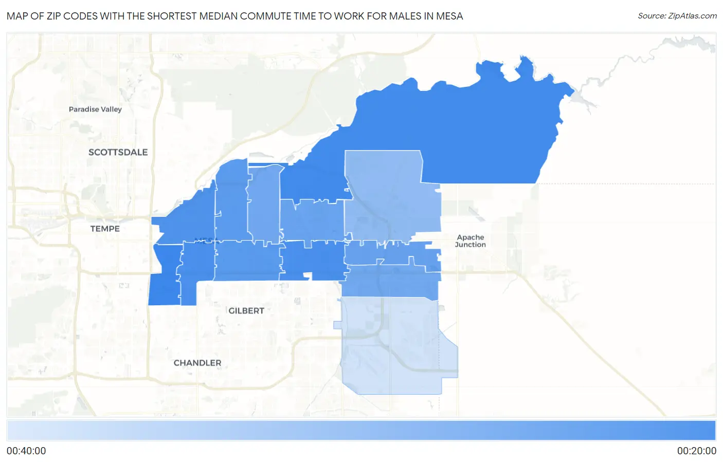 Zip Codes with the Shortest Median Commute Time to Work for Males in Mesa Map
