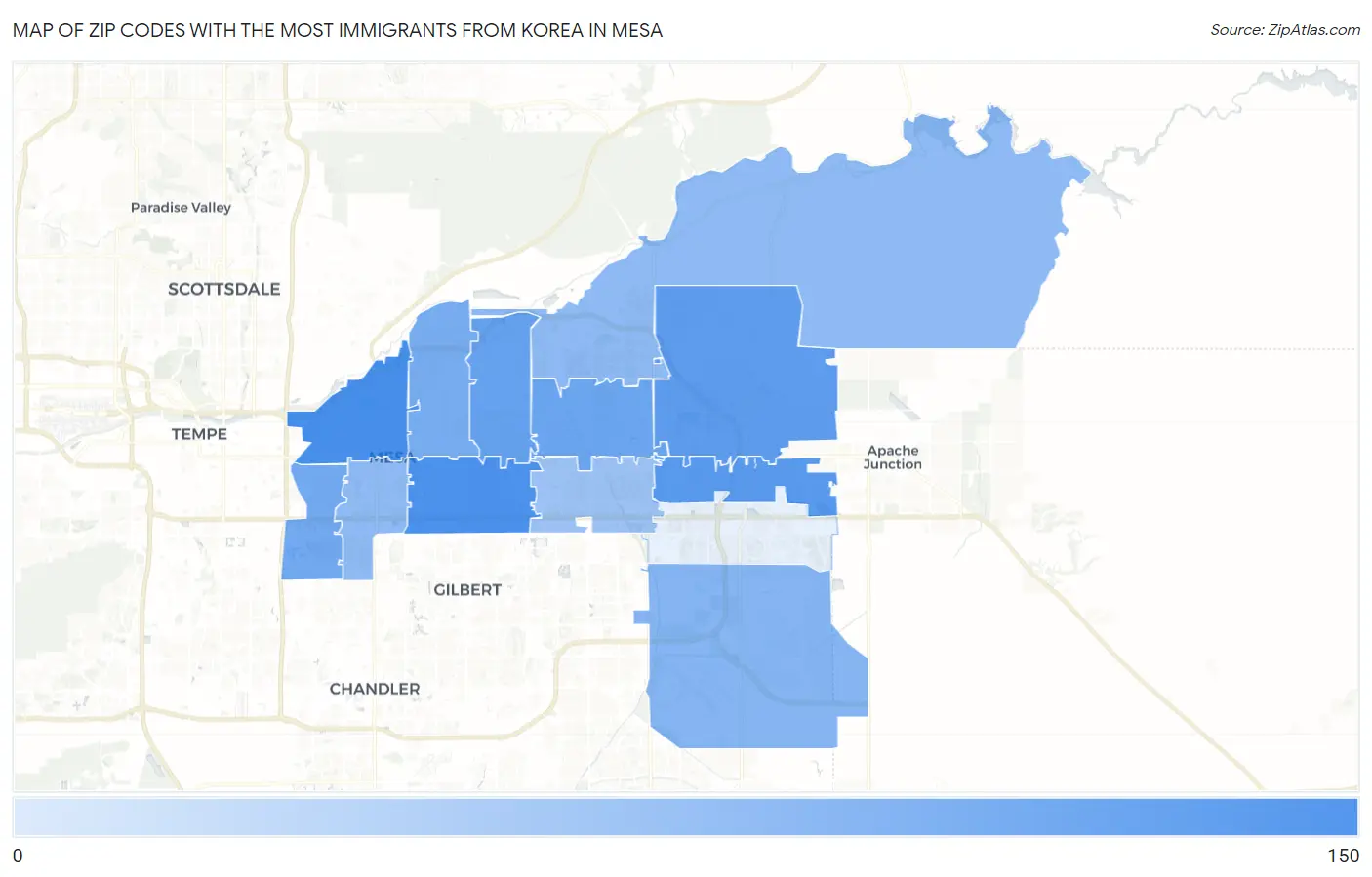 Zip Codes with the Most Immigrants from Korea in Mesa Map