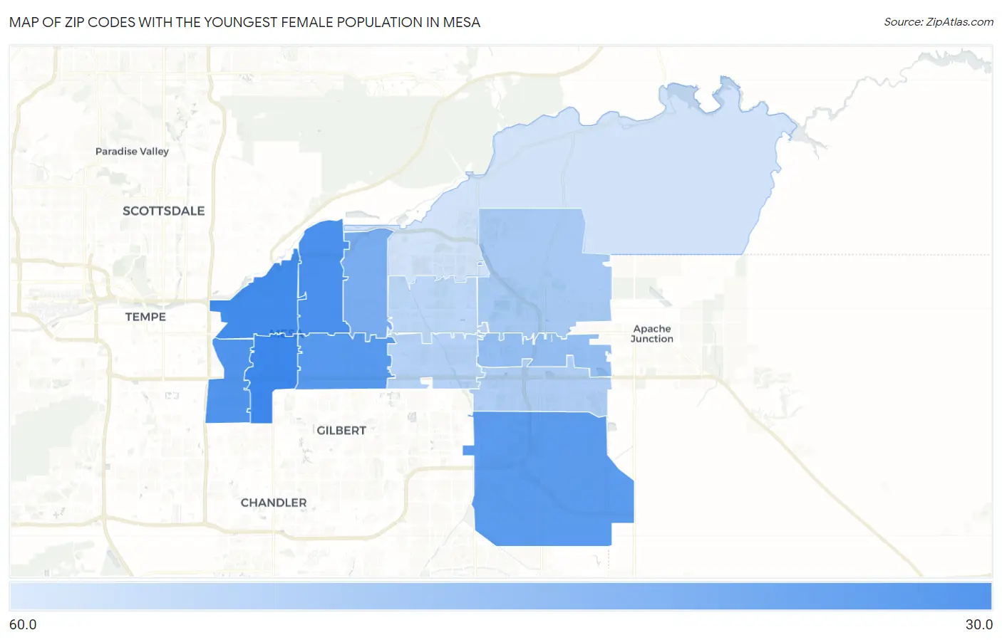 Zip Codes with the Youngest Female Population in Mesa Map