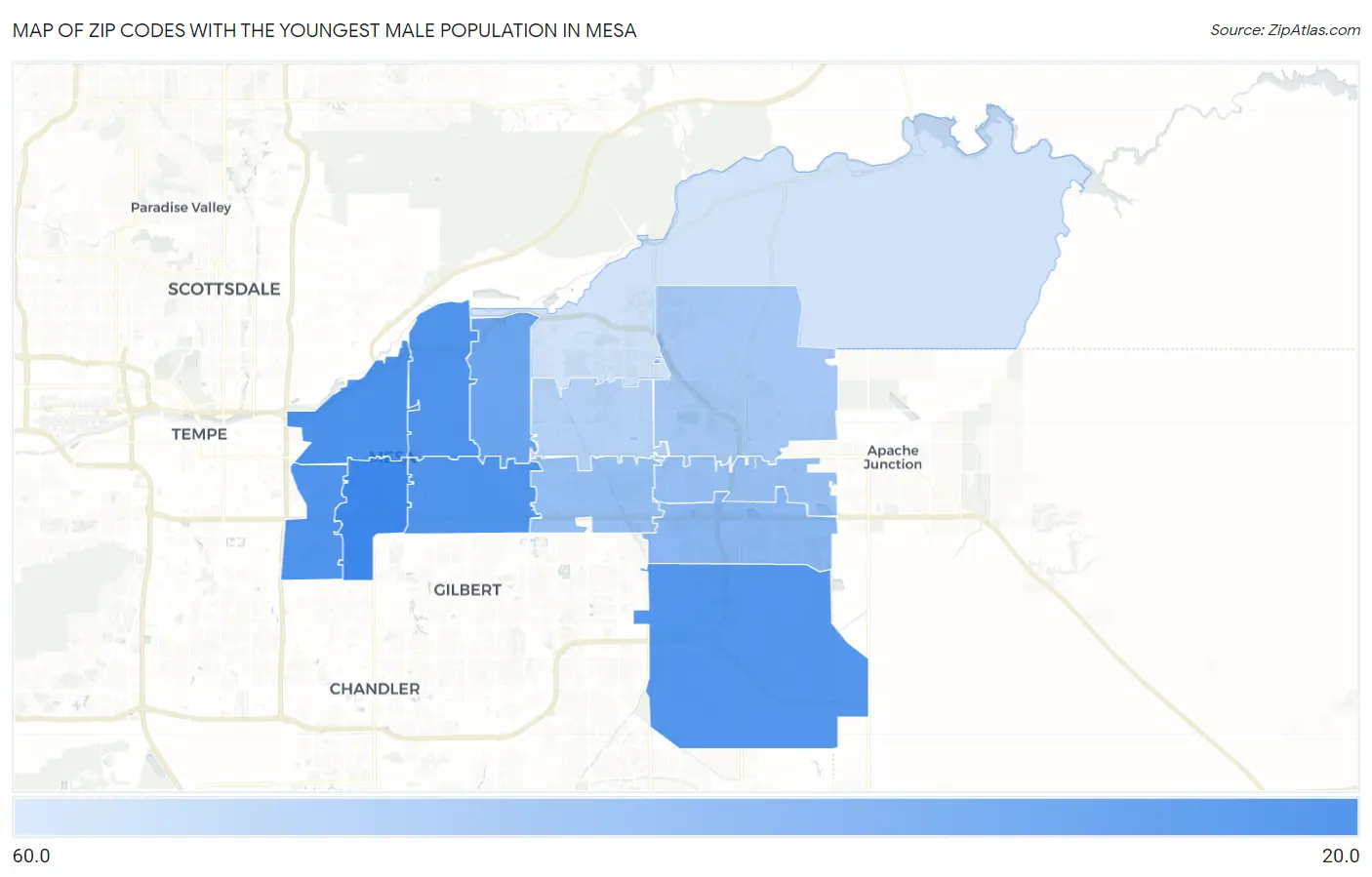 Zip Codes with the Youngest Male Population in Mesa Map