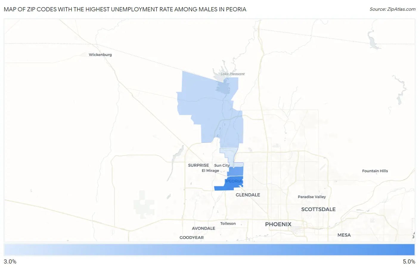 Zip Codes with the Highest Unemployment Rate Among Males in Peoria Map