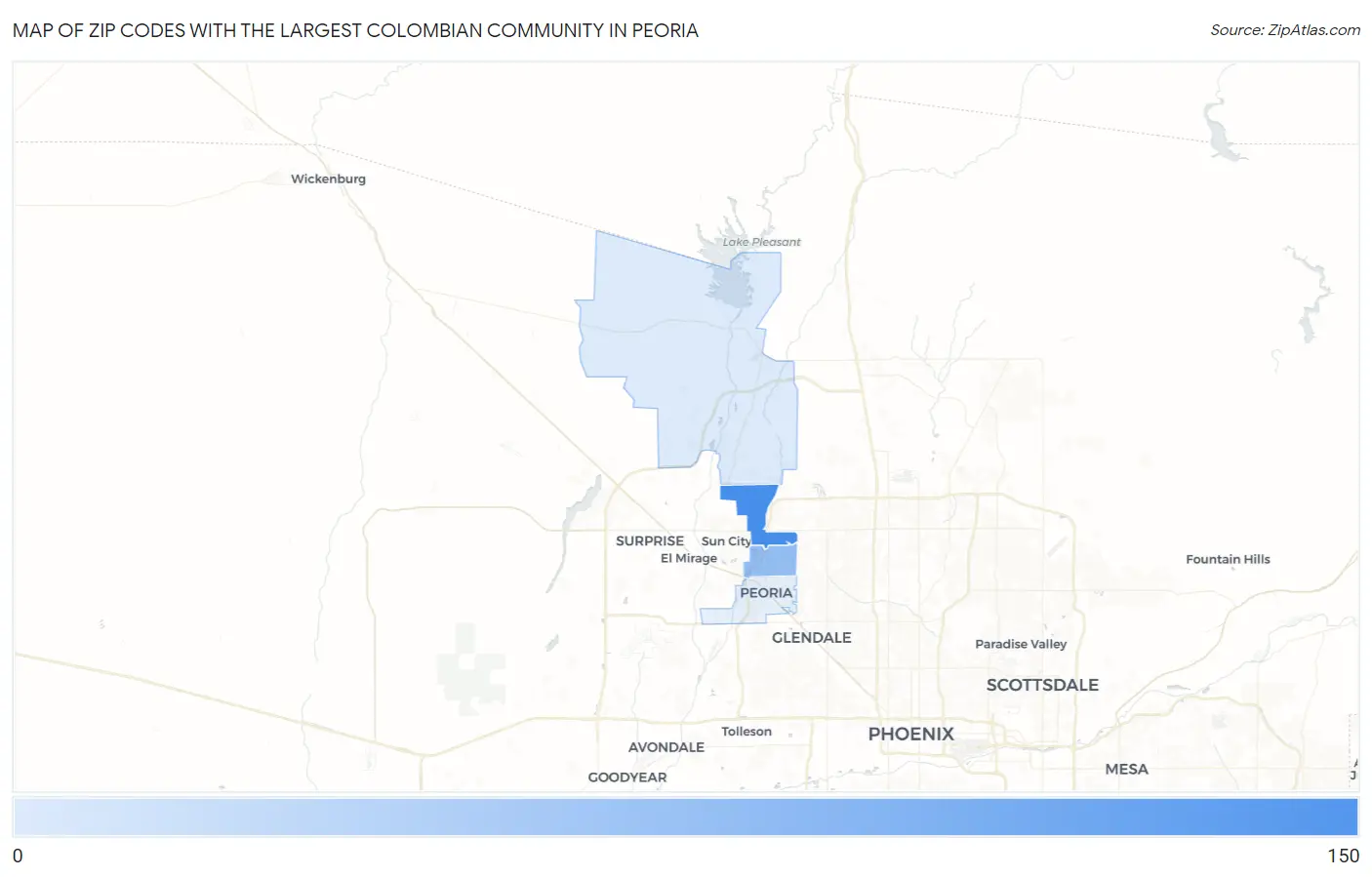 Zip Codes with the Largest Colombian Community in Peoria Map