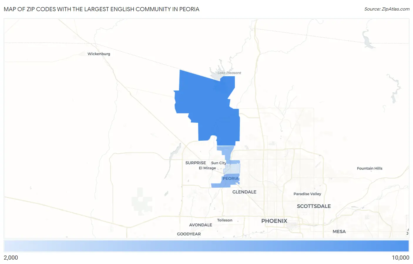 Zip Codes with the Largest English Community in Peoria Map