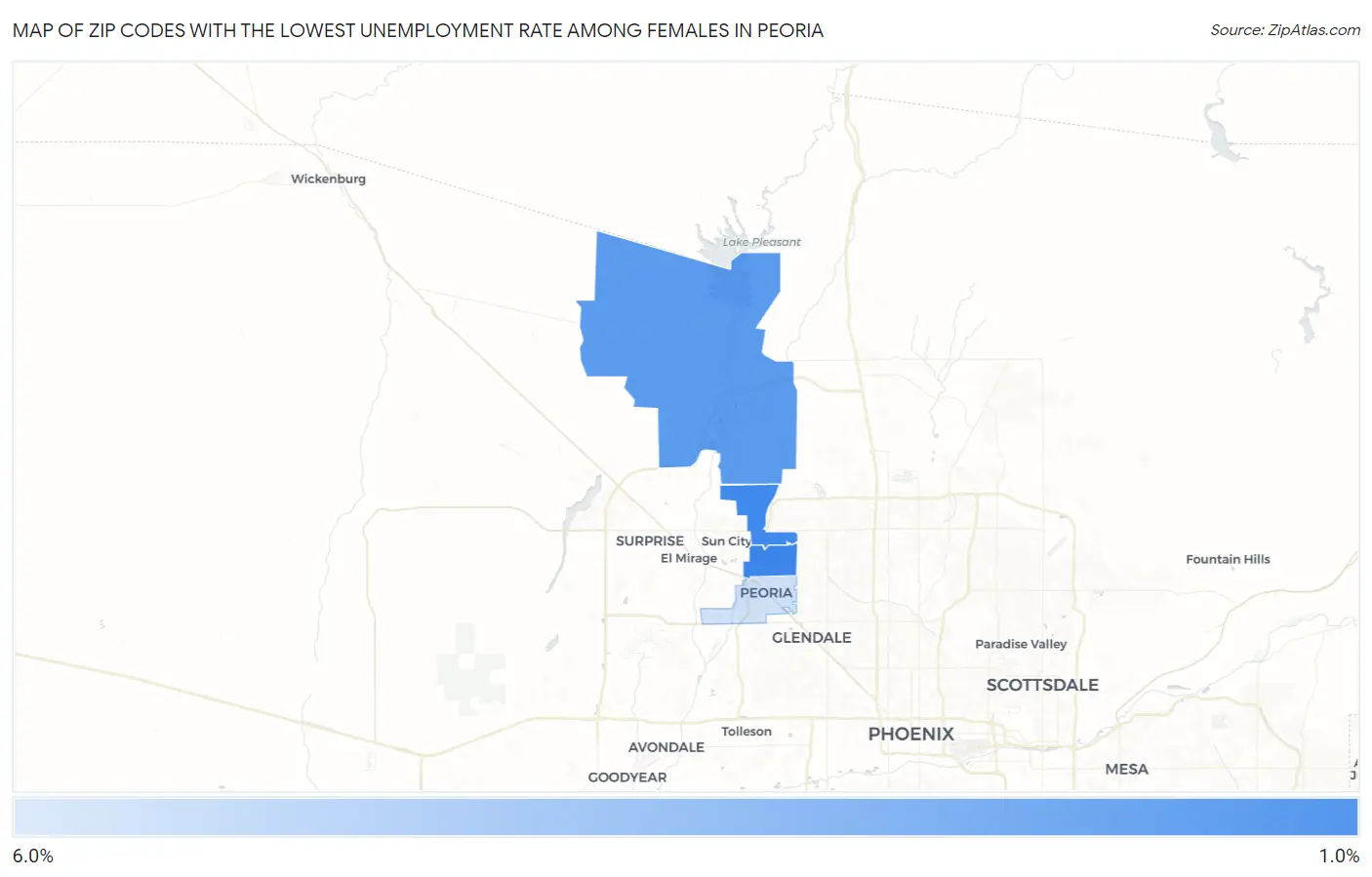 Zip Codes with the Lowest Unemployment Rate Among Females in Peoria Map