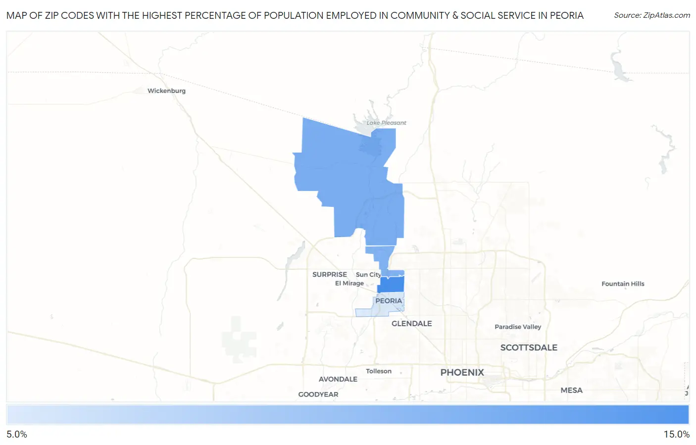 Zip Codes with the Highest Percentage of Population Employed in Community & Social Service  in Peoria Map