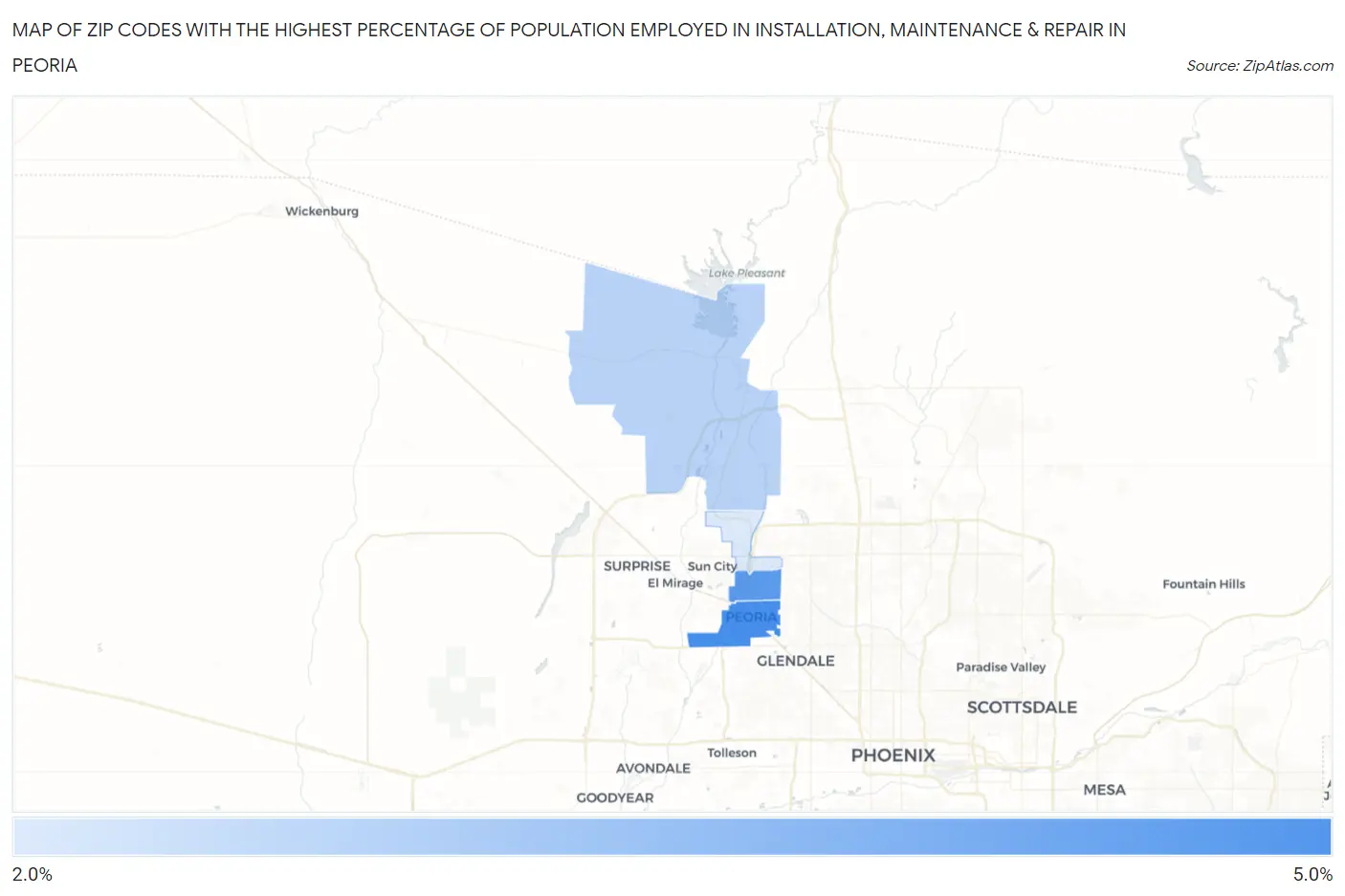 Zip Codes with the Highest Percentage of Population Employed in Installation, Maintenance & Repair in Peoria Map