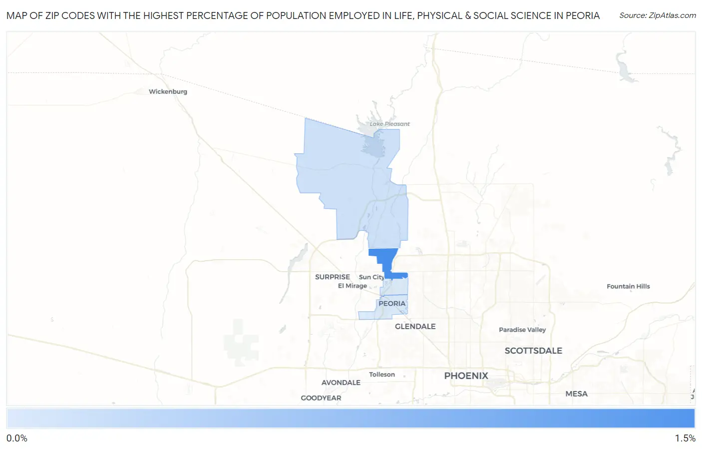 Zip Codes with the Highest Percentage of Population Employed in Life, Physical & Social Science in Peoria Map