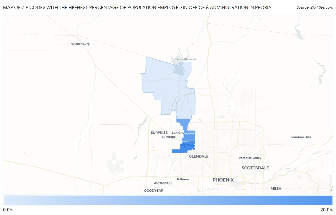 Zip Codes with the Highest Percentage of Population Employed in Office & Administration in Peoria Map