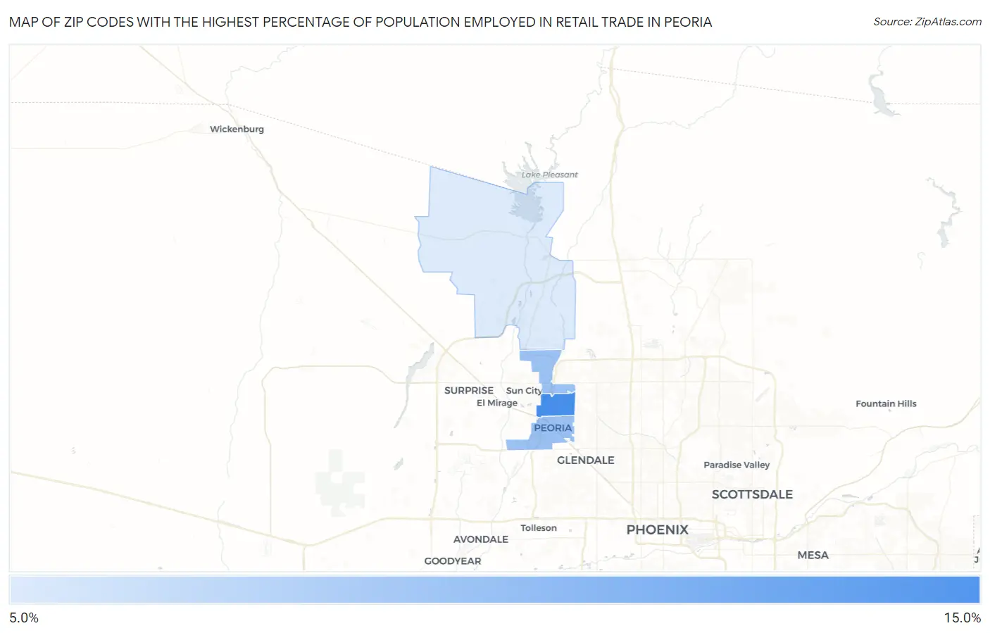 Zip Codes with the Highest Percentage of Population Employed in Retail Trade in Peoria Map