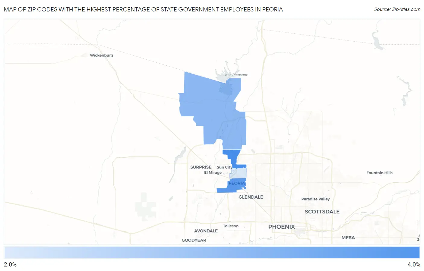 Zip Codes with the Highest Percentage of State Government Employees in Peoria Map