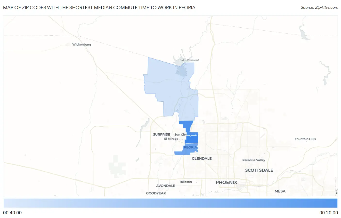 Zip Codes with the Shortest Median Commute Time to Work in Peoria Map