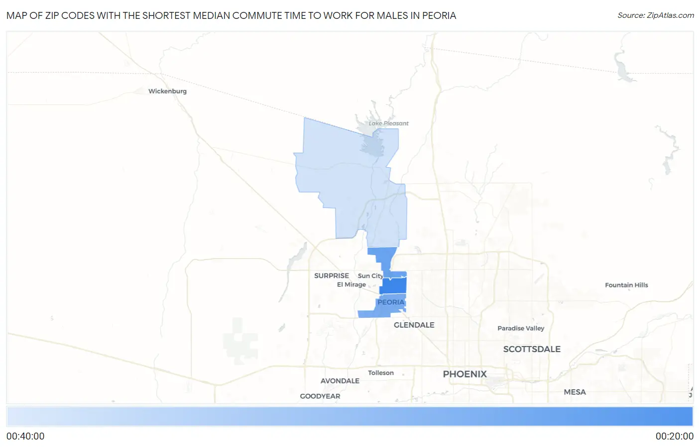 Zip Codes with the Shortest Median Commute Time to Work for Males in Peoria Map
