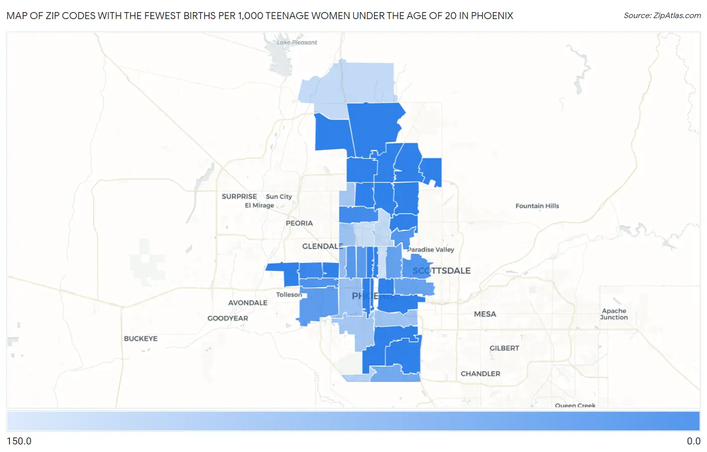 Zip Codes with the Fewest Births per 1,000 Teenage Women Under the Age of 20 in Phoenix Map