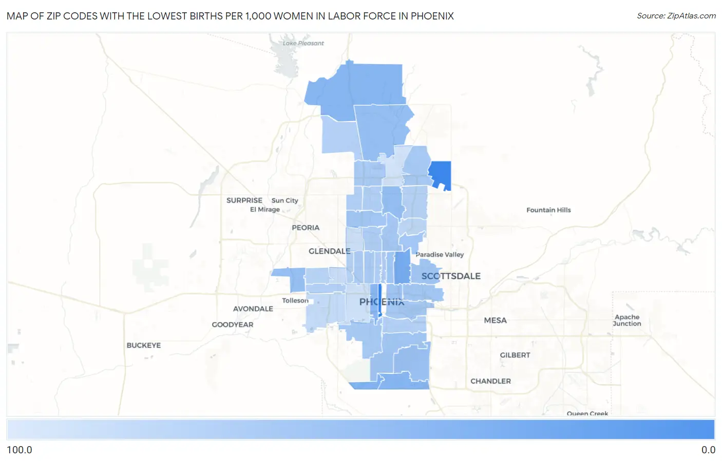 Zip Codes with the Lowest Births per 1,000 Women in Labor Force in Phoenix Map