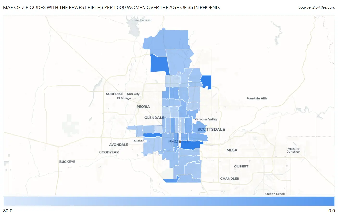 Zip Codes with the Fewest Births per 1,000 Women Over the Age of 35 in Phoenix Map
