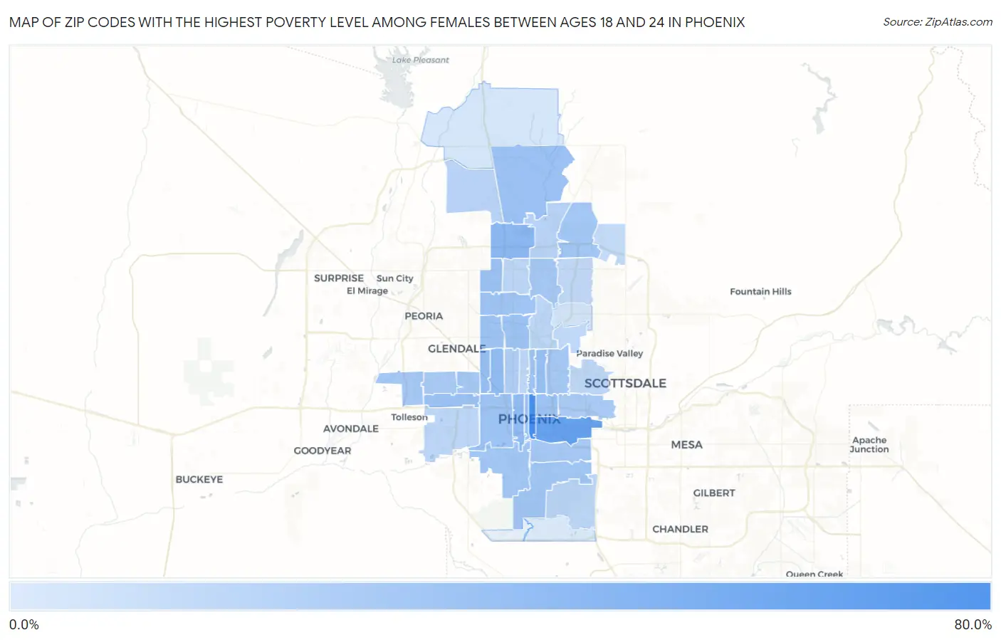 Zip Codes with the Highest Poverty Level Among Females Between Ages 18 and 24 in Phoenix Map