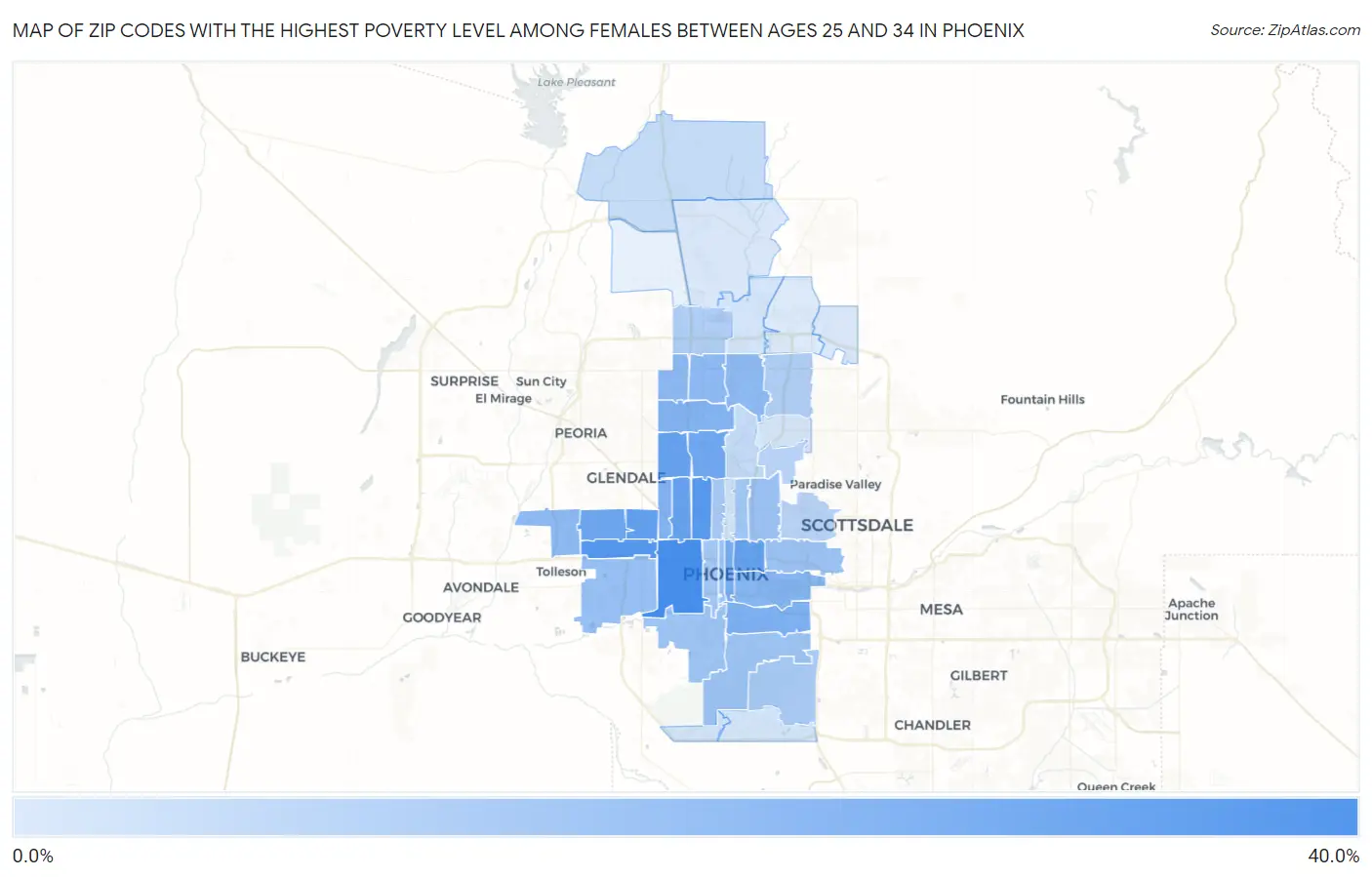 Zip Codes with the Highest Poverty Level Among Females Between Ages 25 and 34 in Phoenix Map