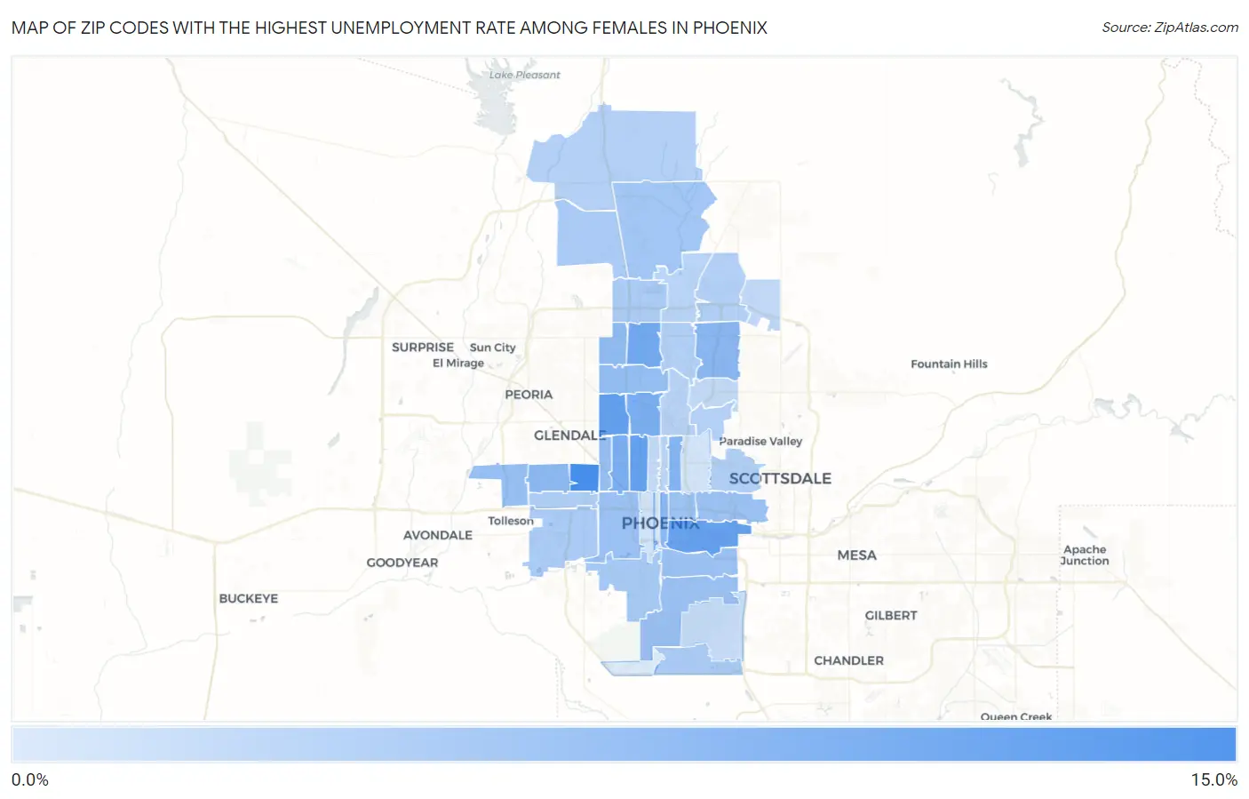 Zip Codes with the Highest Unemployment Rate Among Females in Phoenix Map
