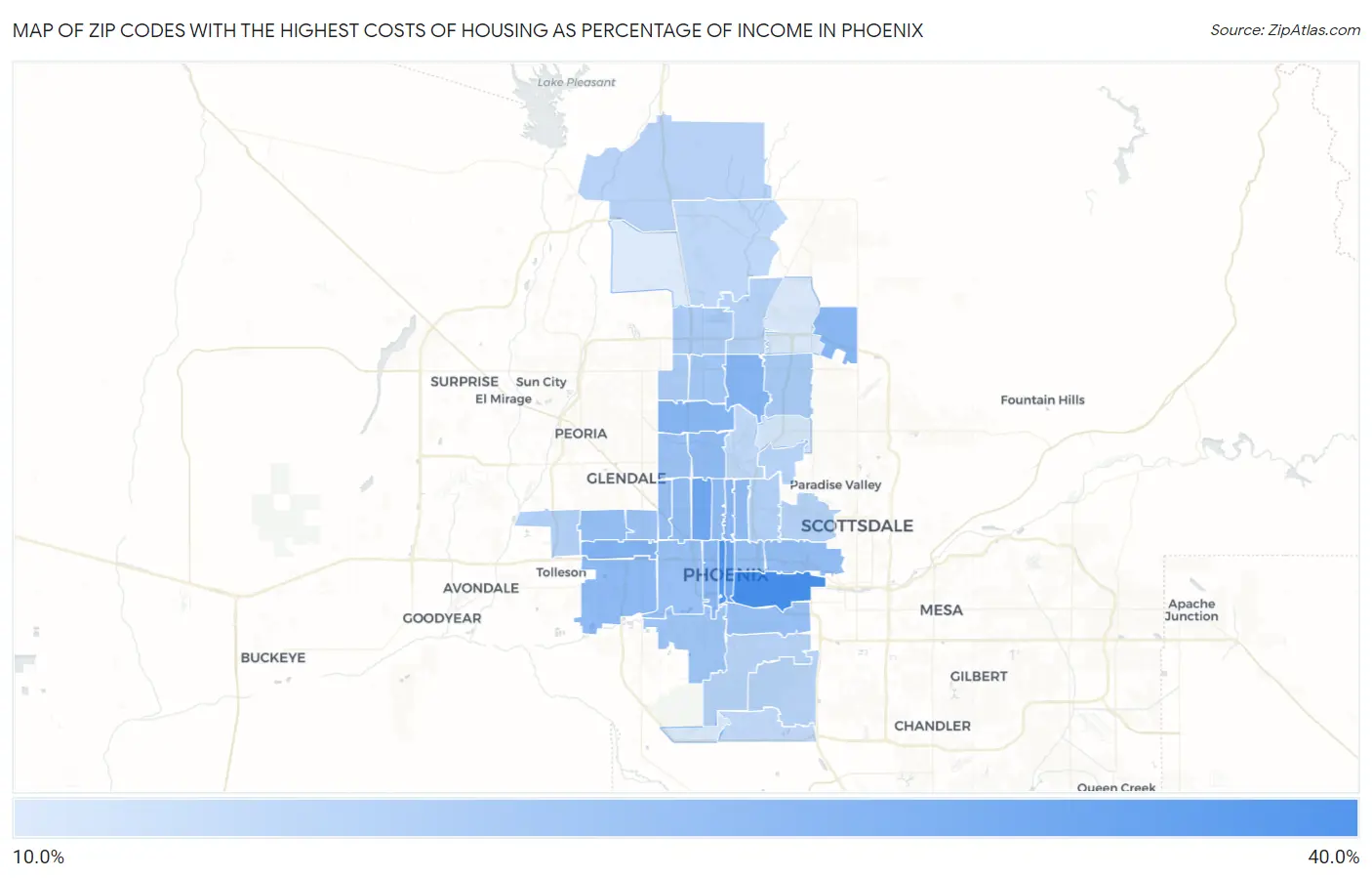 Zip Codes with the Highest Costs of Housing as Percentage of Income in Phoenix Map