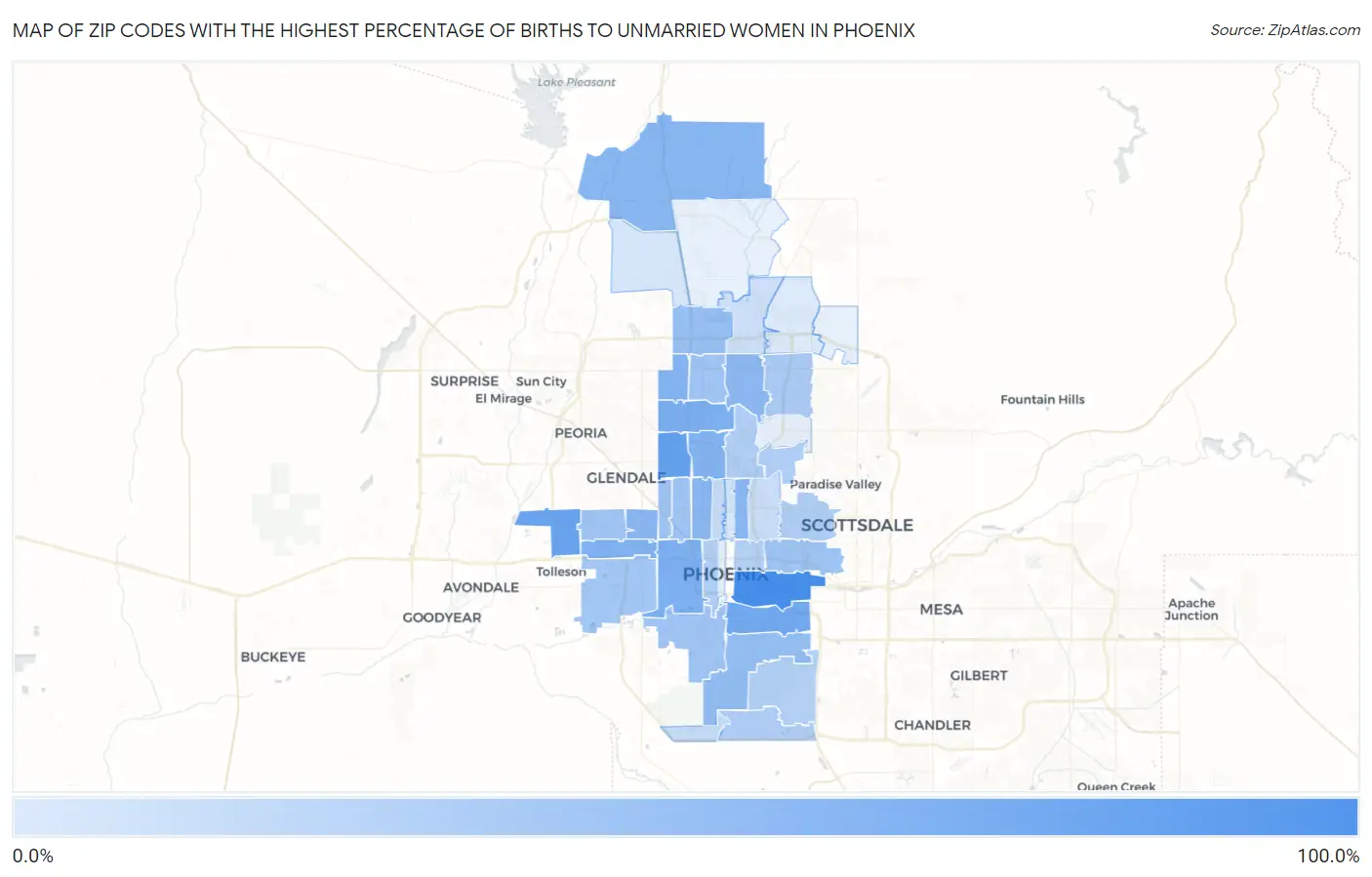 Zip Codes with the Highest Percentage of Births to Unmarried Women in Phoenix Map