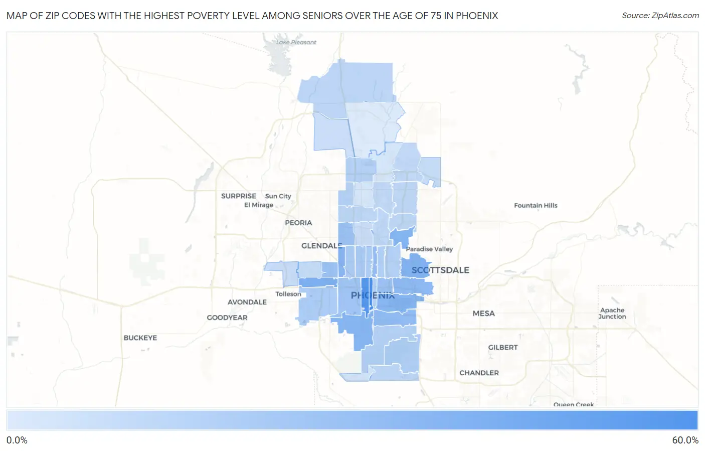 Zip Codes with the Highest Poverty Level Among Seniors Over the Age of 75 in Phoenix Map