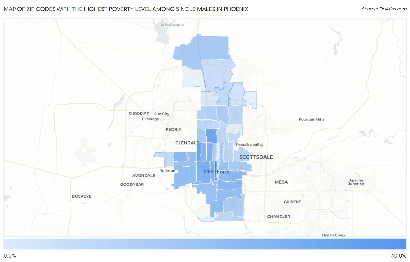 Zip Codes with the Highest Poverty Level Among Single Males in Phoenix Map