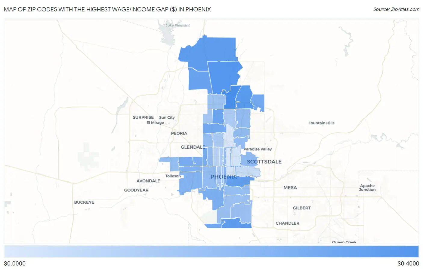 Zip Codes with the Highest Wage/Income Gap ($) in Phoenix Map