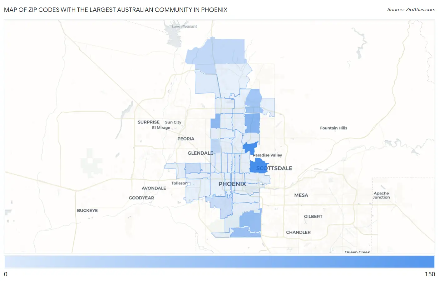 Zip Codes with the Largest Australian Community in Phoenix Map