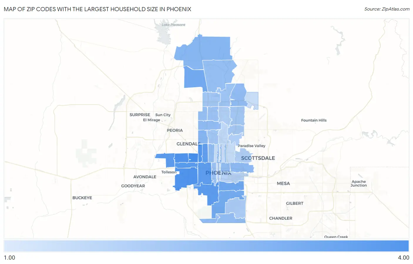Zip Codes with the Largest Household Size in Phoenix Map