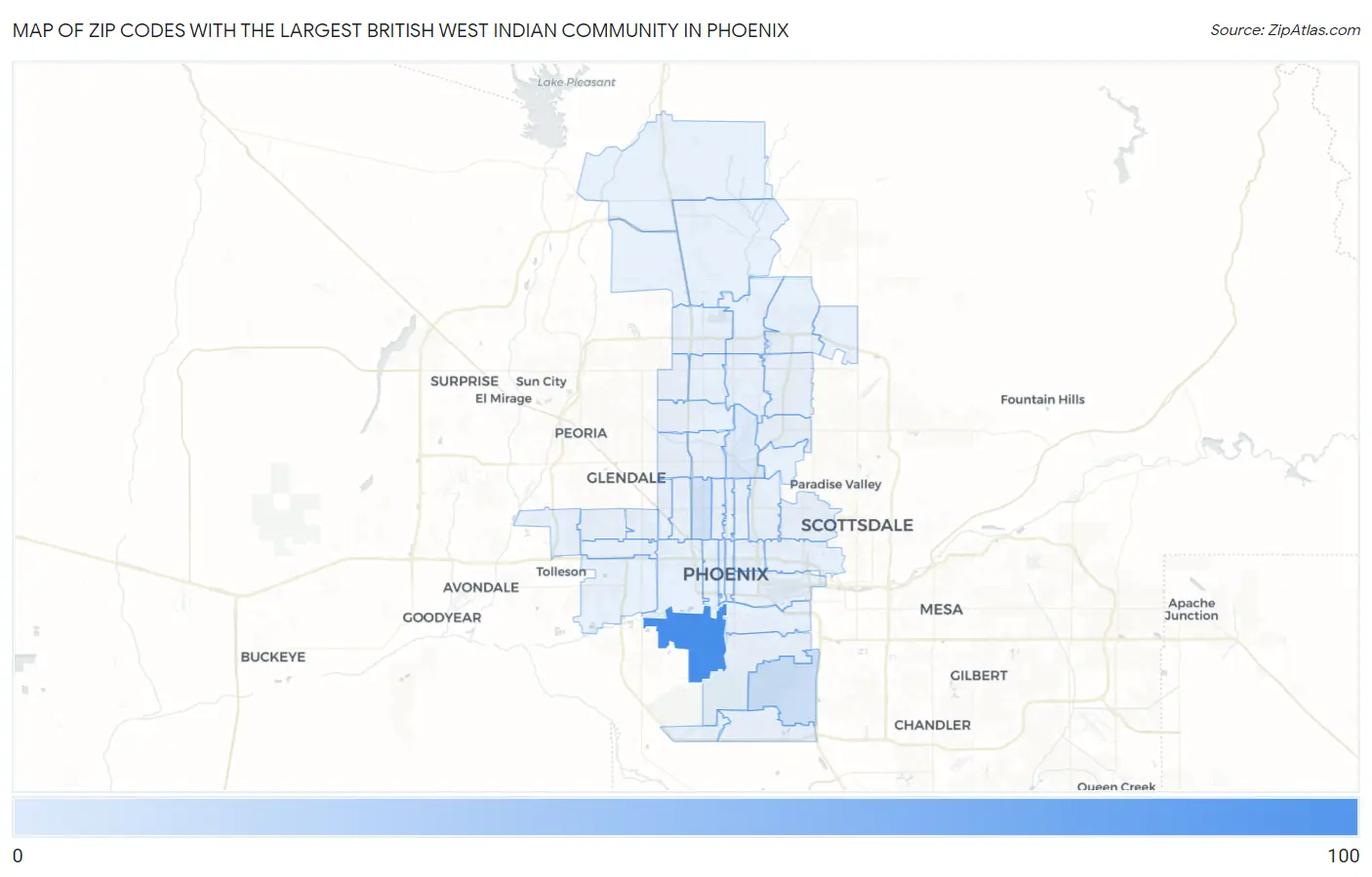 Zip Codes with the Largest British West Indian Community in Phoenix Map