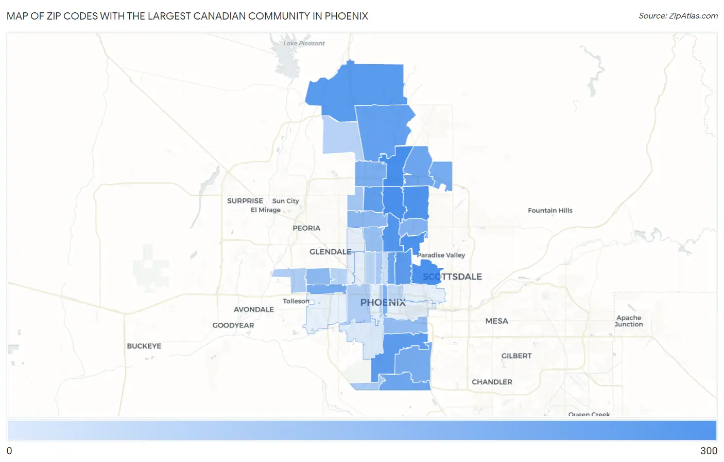 Zip Codes with the Largest Canadian Community in Phoenix Map