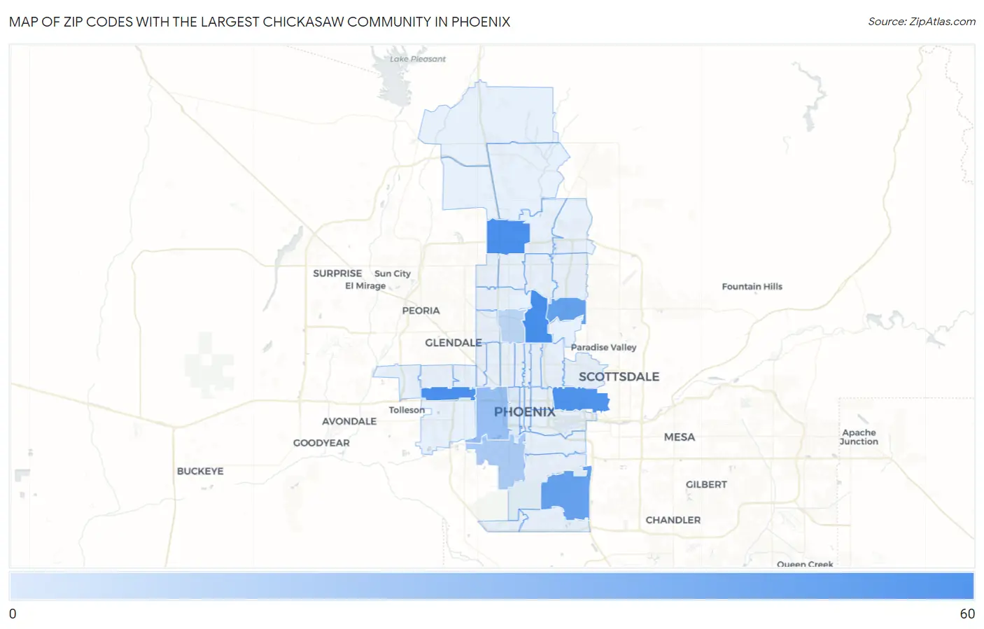 Zip Codes with the Largest Chickasaw Community in Phoenix Map