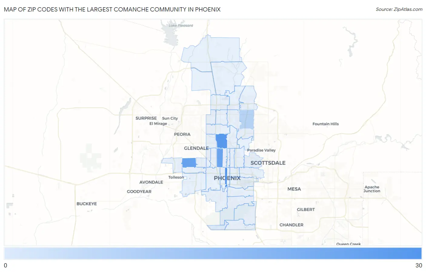 Zip Codes with the Largest Comanche Community in Phoenix Map