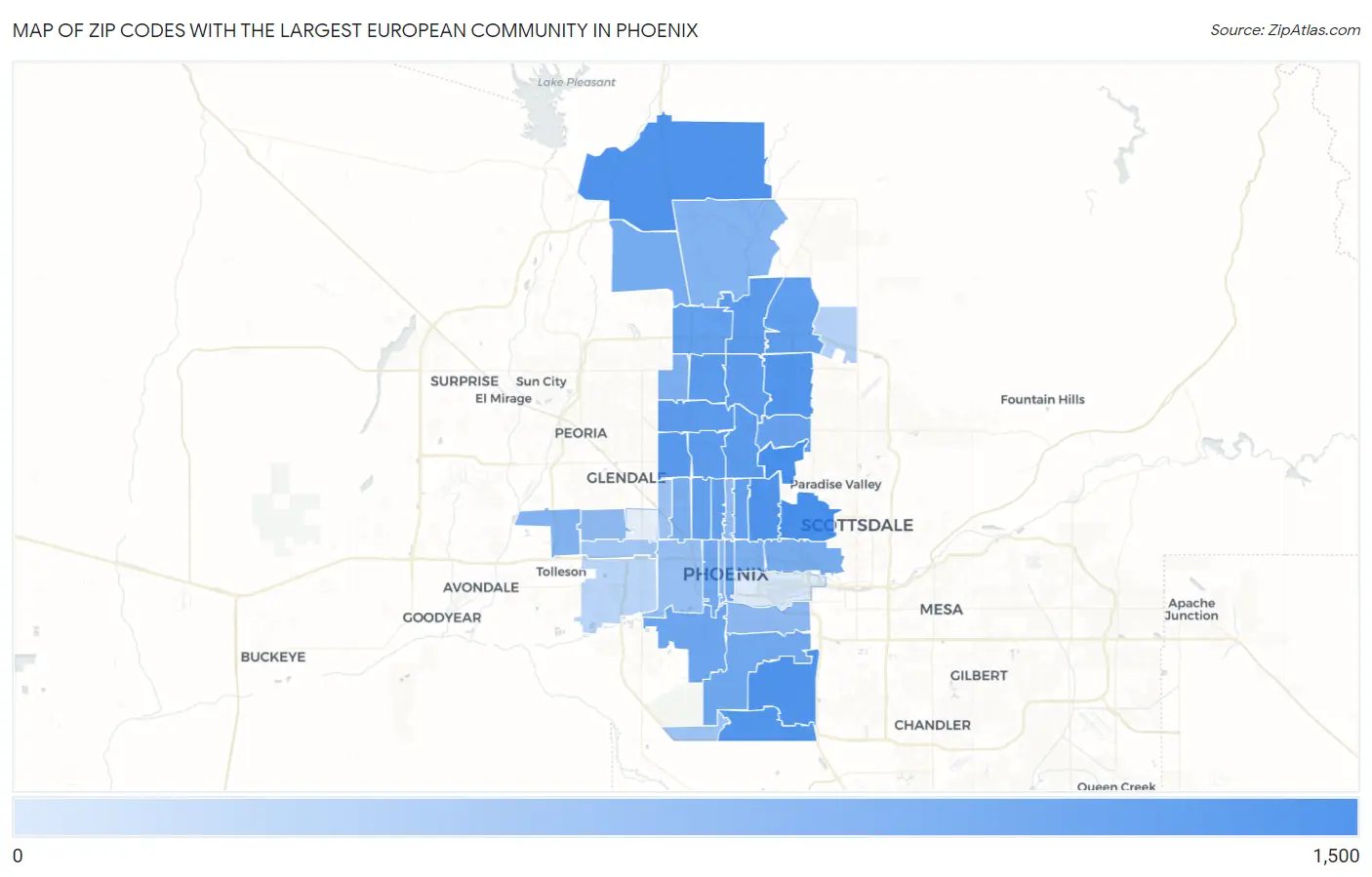 Zip Codes with the Largest European Community in Phoenix Map
