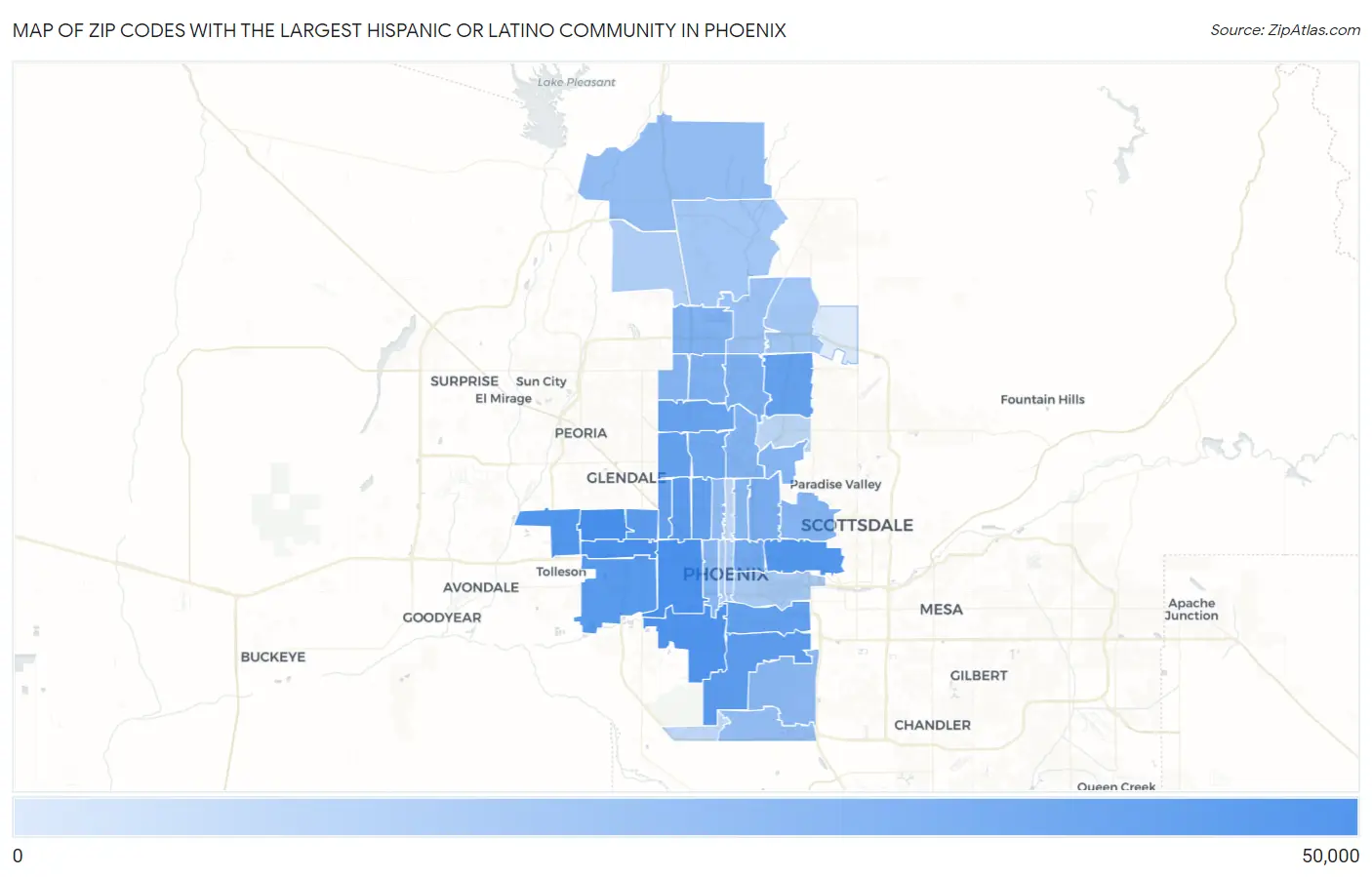 Zip Codes with the Largest Hispanic or Latino Community in Phoenix Map