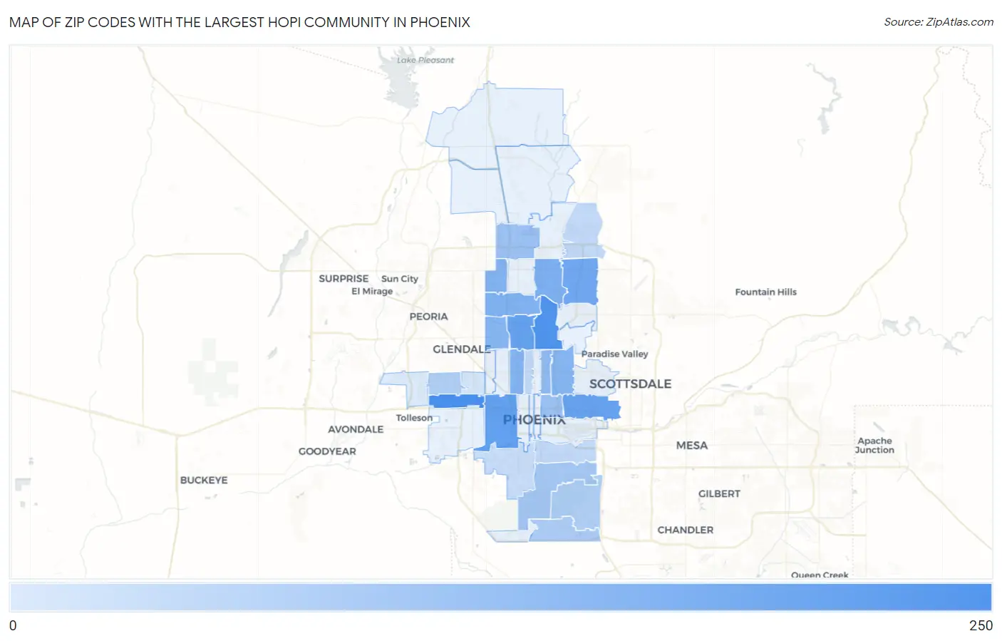 Zip Codes with the Largest Hopi Community in Phoenix Map