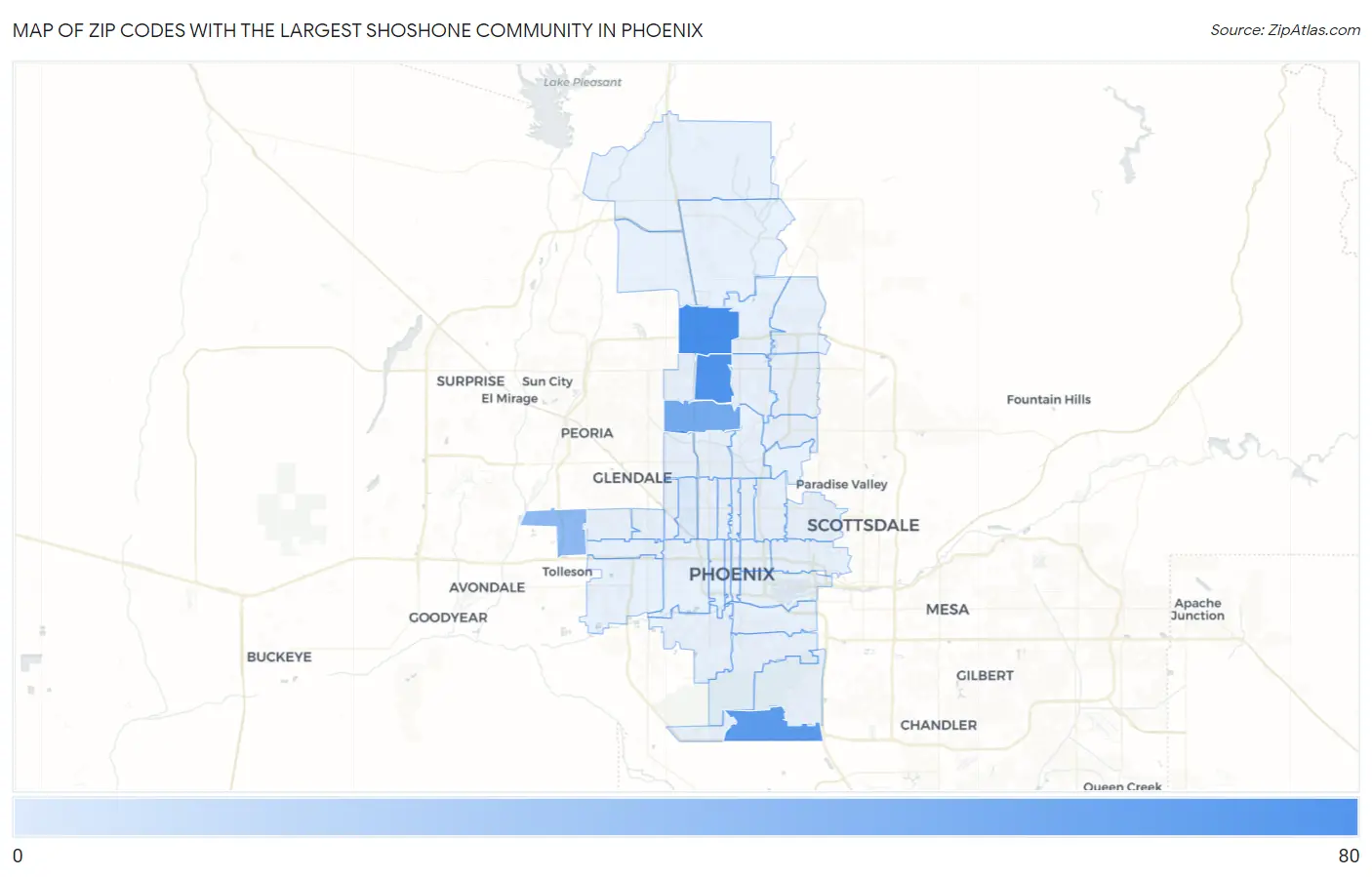 Zip Codes with the Largest Shoshone Community in Phoenix Map